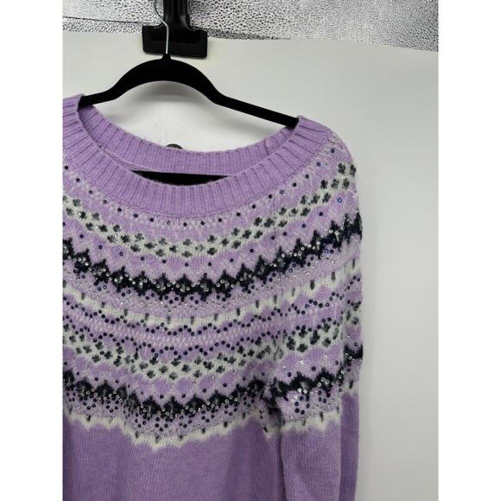 Talbots Purple Fair Isle Sequin Knit Sweater Womens Sz‎ L Wool Blend Cozy Knit - Picture 5 of 7